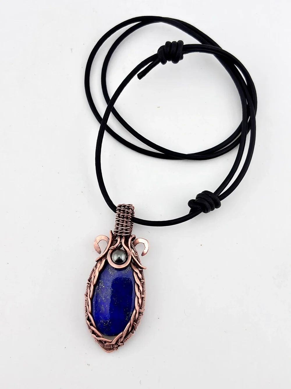 HANDMADE Lapis Lazuli Hematite Copper Wire Wrapped Masculine Pendant Necklace
